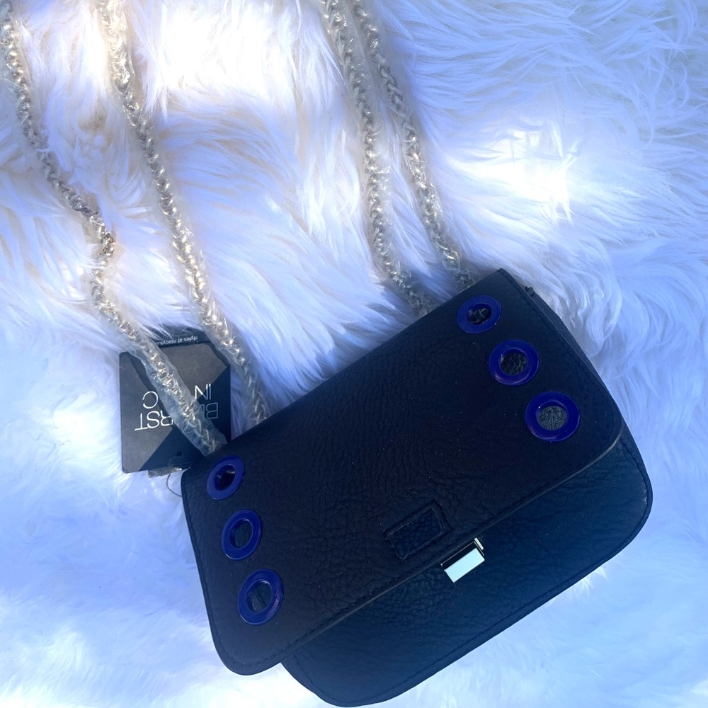International Concepts black bag with gold chain and blue embellishments